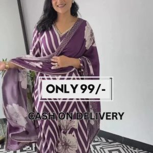 Printed Purple Embroidered Straight Kurta with Pant & Dupatta -